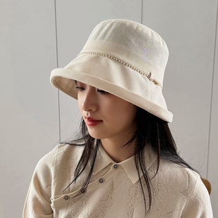 日本和纸帽子女春夏可水洗珍珠草帽渔夫帽盆帽优雅米色透气遮阳帽