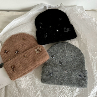 灰色保暖帽针织帽滑雪帽冬季手工制作带钻花朵兔毛毛线帽设计师款
