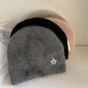 带钻带珍珠高级感灰色白色套头冬季保暖兔毛双层加厚毛线帽针织帽