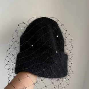 滑雪帽保暖针织帽女士冬季洋气灰色大牌毛线帽带钻网纱高级感兔毛