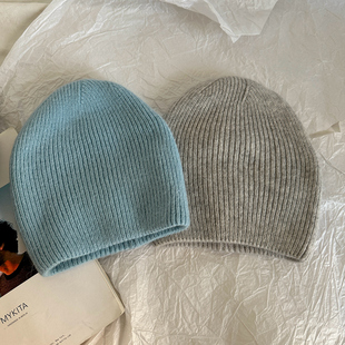 针织帽毛线帽兔毛秋冬复古款兔毛包头帽网红款蓝色灰色堆堆帽冷帽
