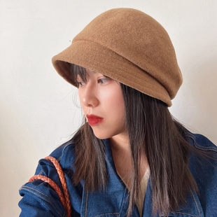 日本订单护耳羊毛呢软檐盆帽贝雷帽复古气质灰色小沿渔夫帽保暖