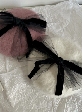 白色粉色贝雷帽羊毛帽子洋气精致兔毛网纱蝴蝶结女士精致可爱减龄