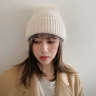 网纱蝴蝶结毛线帽针织帽黑白珍珠手工小香风名媛明星款冬季帽子