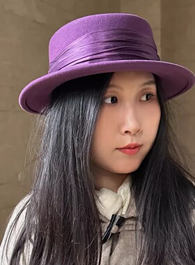 新国风真丝麻装饰洋气咖色显脸小平顶紫色羊毛呢秋冬定型礼帽精致