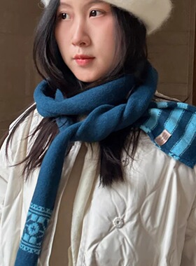 条纹法棍款冬季绿色灰色针织女羊毛针织长条围巾围脖保暖雪花纹路