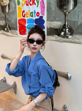 FEIMAO菲猫-感v领长袖衬衫女独特小众小衫遮肉显瘦上衣小衫30211.
