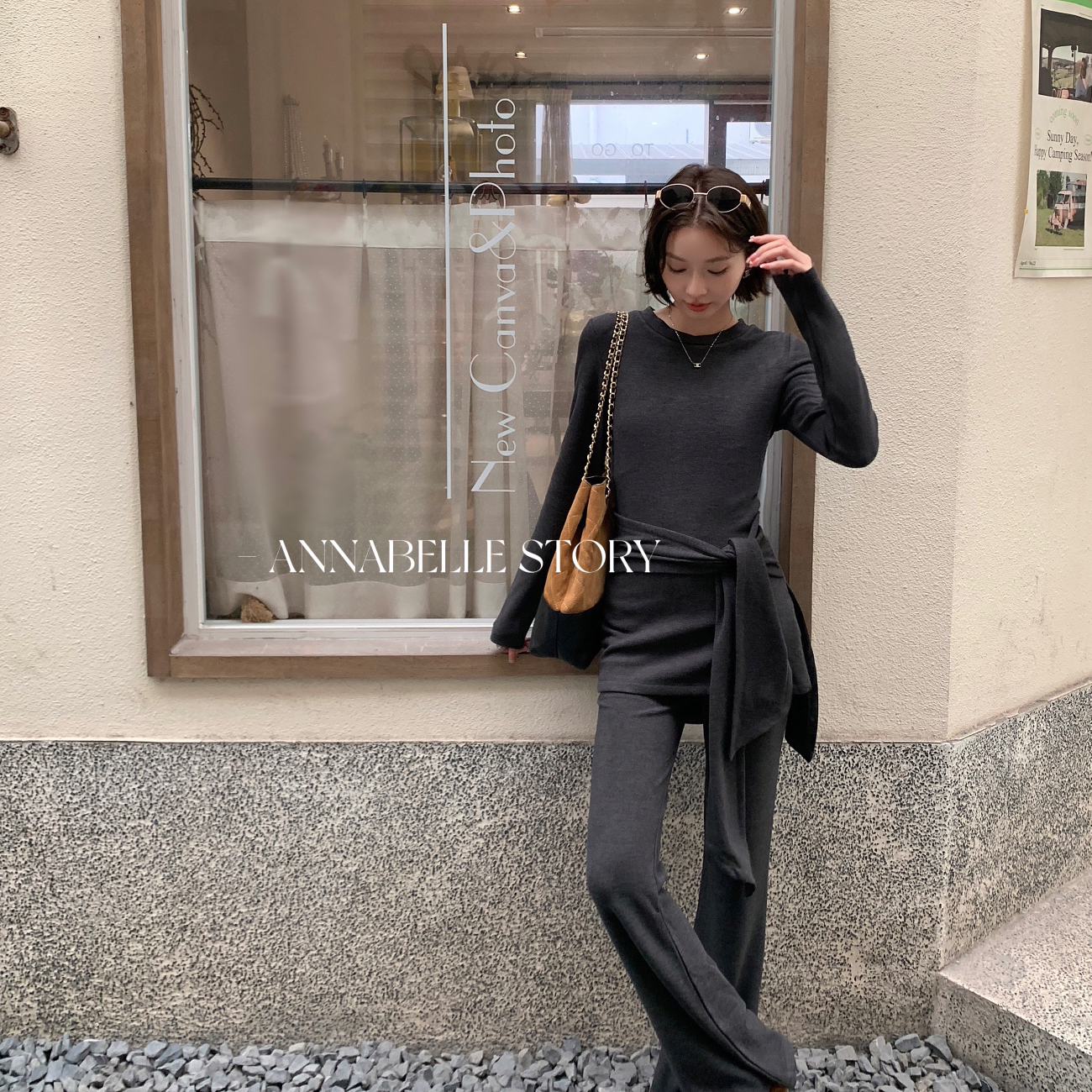 安娜贝拉-拉绒针织系带小衫+休闲喇叭裤套装(含2.3绵羊毛)A8912