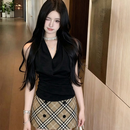 MEI ZI 美姿-无袖挂脖背心+格子半身裙两件套套装(有安全裤)26355