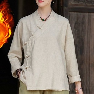新中式修行禅服佛系禅意女装棉麻斜襟茶服上衣寺院居士服加绒外套