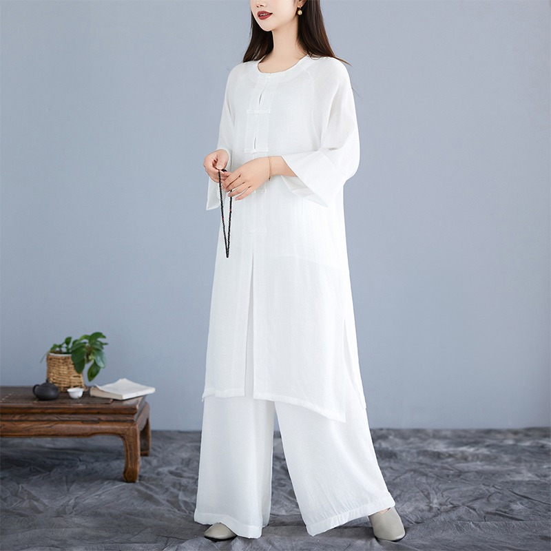 中式禅修居士服服棉麻宽松白色打坐仙气冥想茶道服大码拜佛套装
