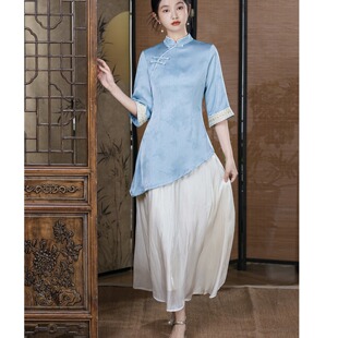 新中式轻国风连衣裙禅意改良奥黛旗袍仙气茶服夏季茶艺师工作服