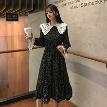 花边长款 雪纺胖妹妹过膝上衣 收腰复古连衣裙长袖 女装 大码 春秋新款