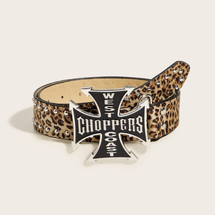 美式复古豹纹十字架扣皮带女设计感小众铆钉配裙子辣妹装饰腰带潮