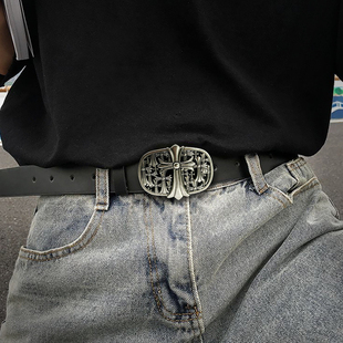 明星款十字架扣皮带复古扣头压花腰带男女款个性潮流百搭夜店裤带