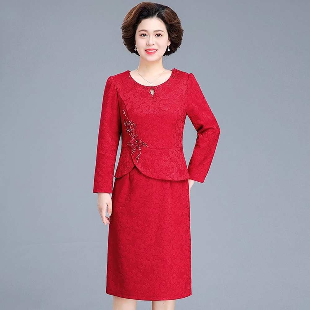 喜妈妈婚宴装长袖女秋冬阔太太礼服连衣裙端庄大气中老年高贵裙子