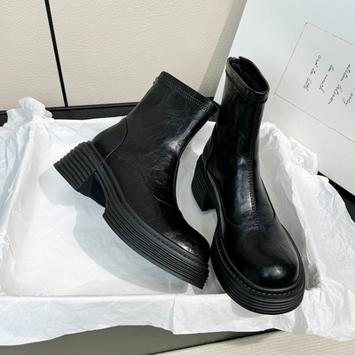 牛皮版~5cm厚底瘦瘦短靴女秋冬