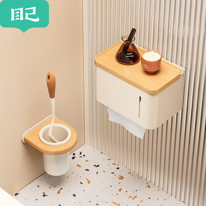 壁挂免打孔厕纸盒原木马桶刷