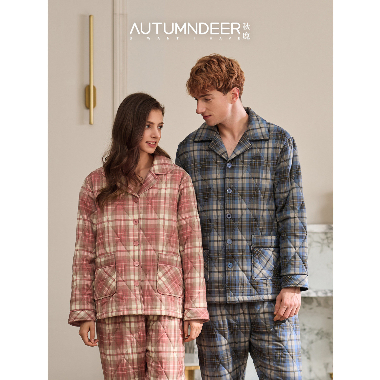 秋鹿梭织色织格纯棉情侣睡衣轻奢高级格纹男女士开衫国民领家居服
