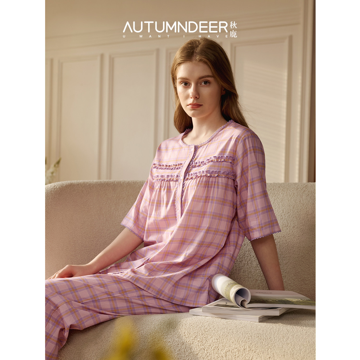 秋鹿睡衣女士10A抗菌圆领蕾丝格纹绝美中袖九分裤2026新款家居服