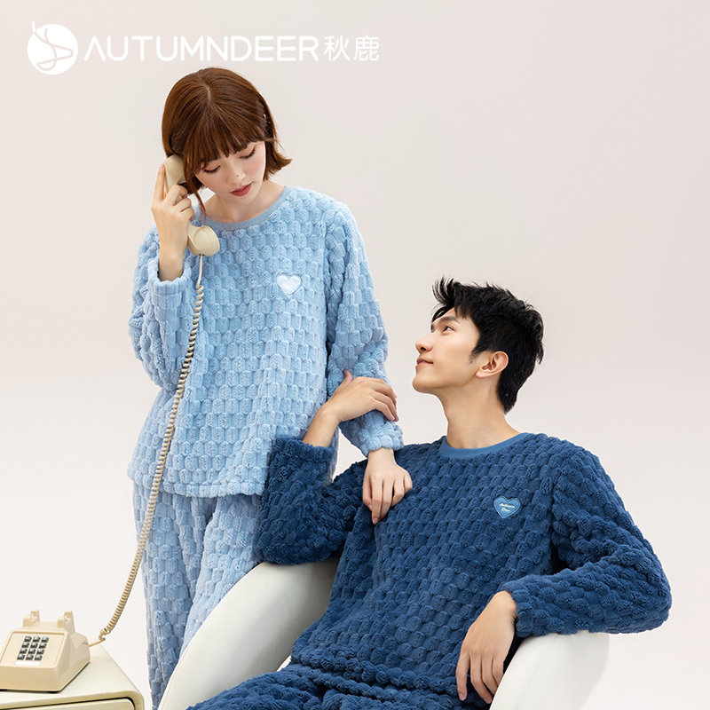秋鹿格子珊瑚绒情侣睡衣冬款圆领套头男士家居服女加厚保暖两件套