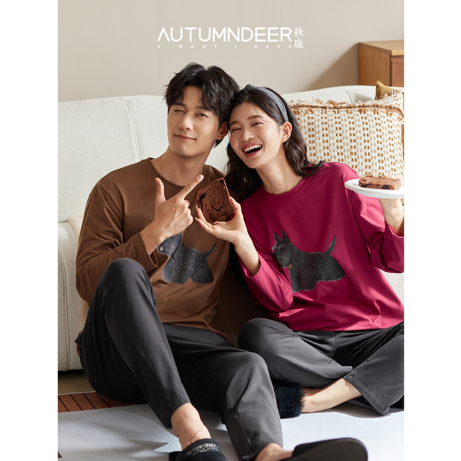 秋鹿睡衣女春秋款男女情侣纯棉长袖时尚宽松卡通可外穿家居服套装