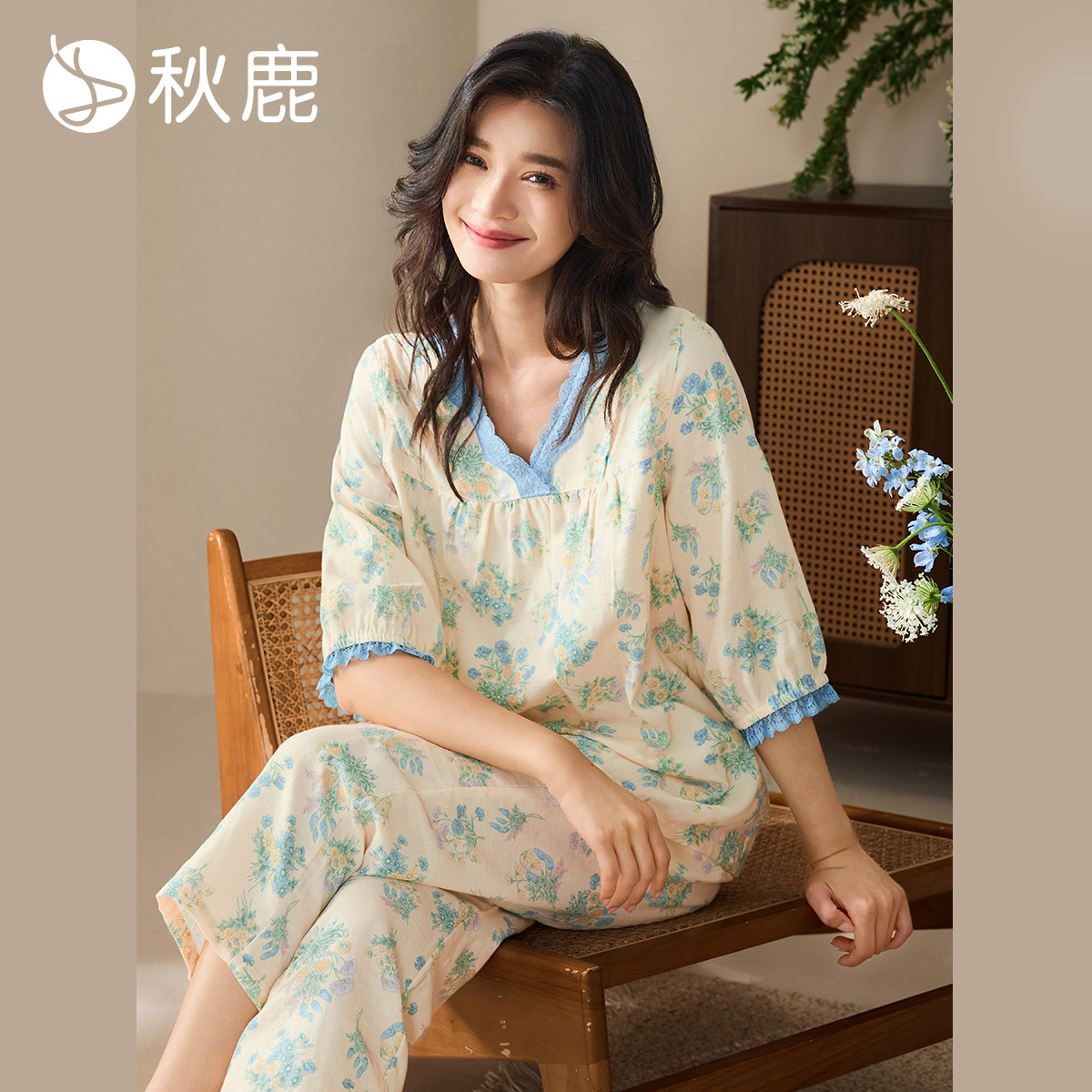 秋鹿双层纱布梭织纯棉抑菌睡衣女士秋季蕾丝花边碎花七分袖家居服