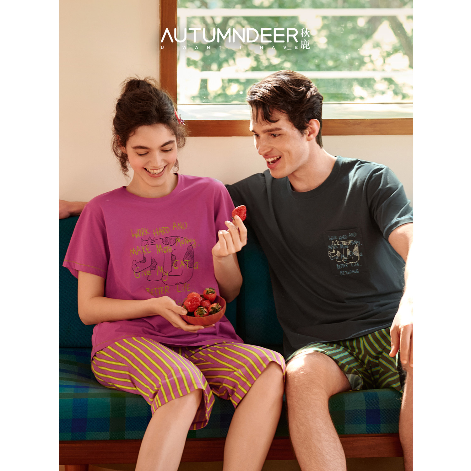 秋鹿纯棉睡衣男女士10A抗菌印花短袖2026春夏新款简单情侣家居服