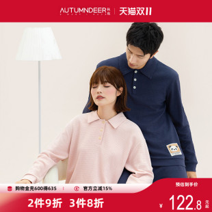 家居服套装 时尚 女休闲男士 秋鹿可外穿华夫格棉质情侣睡衣春秋款