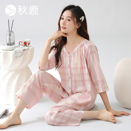 秋鹿女梭织色织格插肩七分袖睡衣
