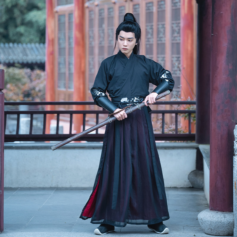 原创正版汉服男古装汉元素黑色霸气武侠风刺绣交领书生套装中国风
