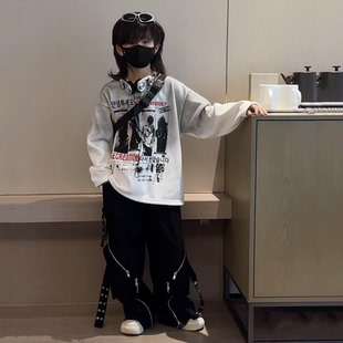 秋冬潮酷朋克亲子上衣青少年男女童时尚潮流印花街舞加绒套头卫衣