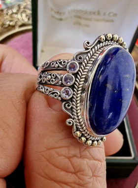 18K金炸珠花丝镶嵌原矿帝王青金石925纯银戒指戒圈中古着vintage