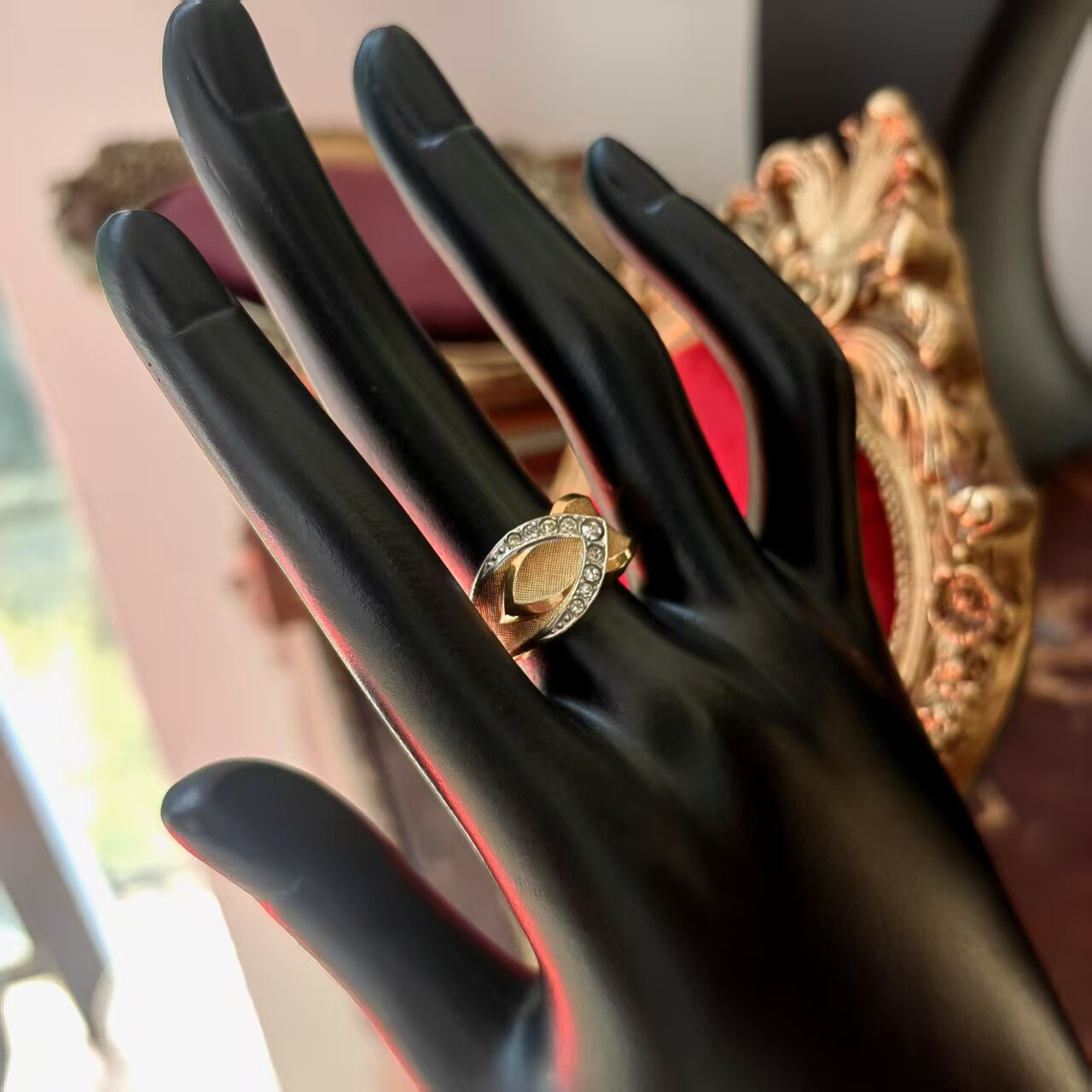 意大利工艺古董品牌10K纯金镶钻戒指厚重优雅西洋艺术品银器古着