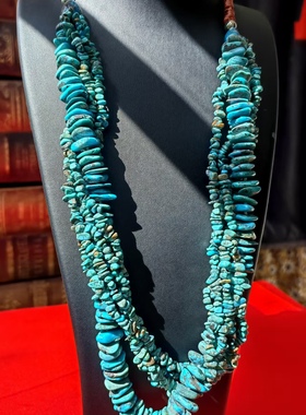 印第安纳瓦霍手工古董大瀑布长项链蓝绿松石编织链西洋古着中古