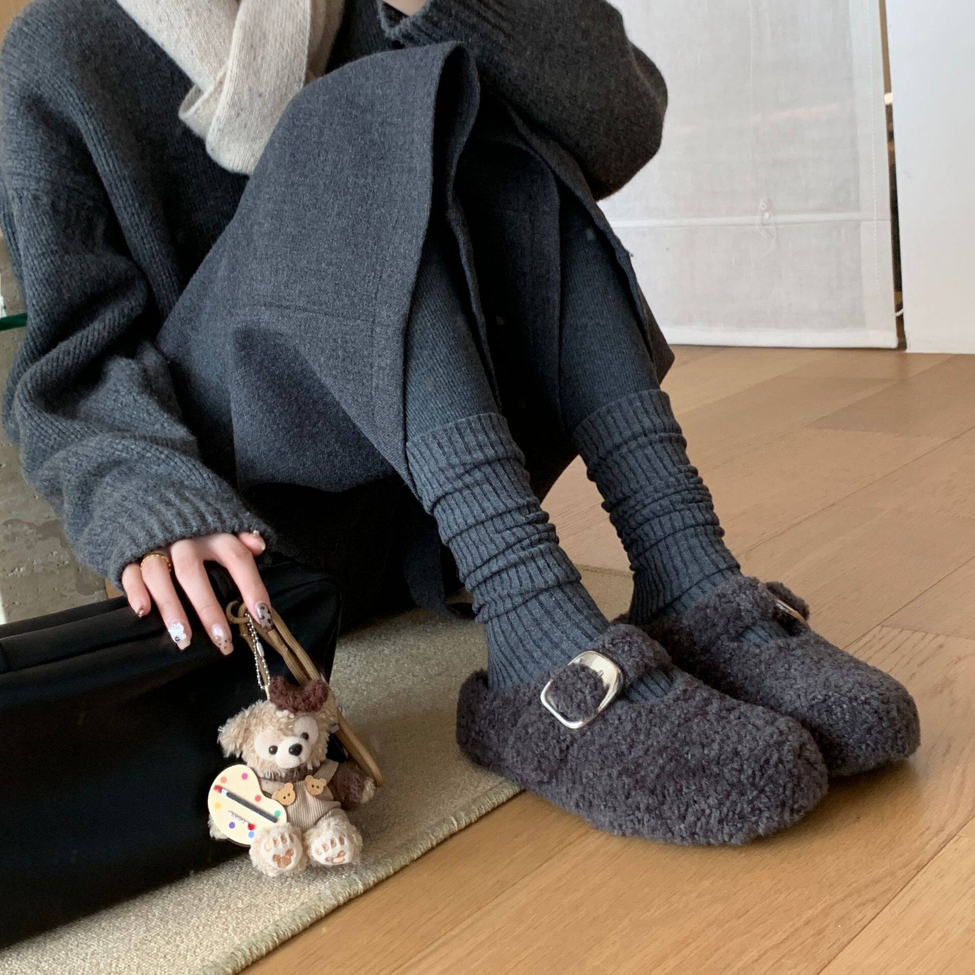 清仓不退换羊羔毛冬日内增高毛毛棉鞋拖鞋外穿女博肯鞋玛丽珍鞋