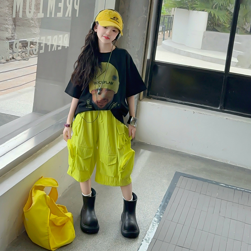 姗姗夏季工装短裤套装2025新款儿童韩版宽松短袖两件套女大童夏装