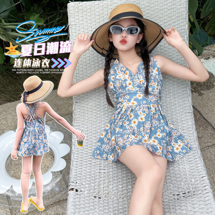 姗姗女童夏装2025新款中大童女孩时尚洋气高级感美背连体泳衣套装