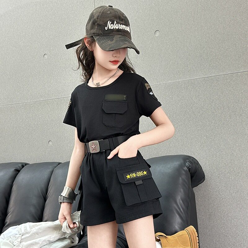 姗姗夏装迷彩服套装大童夏季工装短袖短裤棉两件套女孩训练演出服