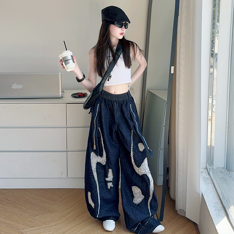 姗姗裤子夏款2025新款女孩夏季潮酷炸街薄款重工牛仔弯刀裤阔腿裤