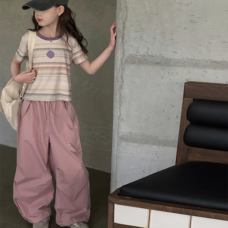 姗姗女童夏季套装2025新款中大童时尚洋气彩色条纹短袖工装裤套装