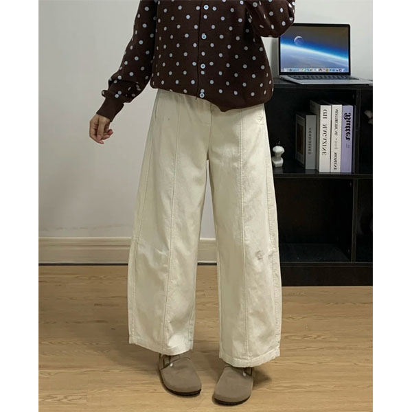 杏色加绒加厚灯芯绒奶奶裤女秋冬大码胖mm宽松显瘦遮胯休闲弯刀裤