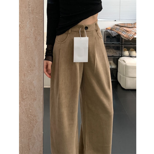 复古棕色灯芯绒阔腿裤女梨形身材高腰直筒休闲裤宽松显瘦加绒裤子