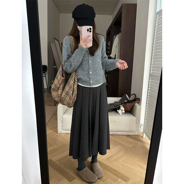 大码灰色波点半身裙女2025新款秋冬毛呢百褶裙胖mm显瘦a字伞裙子