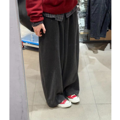 大码胖mm加绒阔腿裤女2026新款垂感宽松显瘦慵懒风直筒毛呢休闲裤