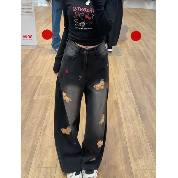 美式复古小狗刺绣阔腿牛仔裤女冬大码胖mm宽松显瘦加绒加厚直筒裤