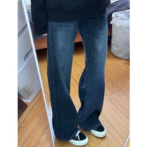 蓝灰色窄版直筒牛仔裤女