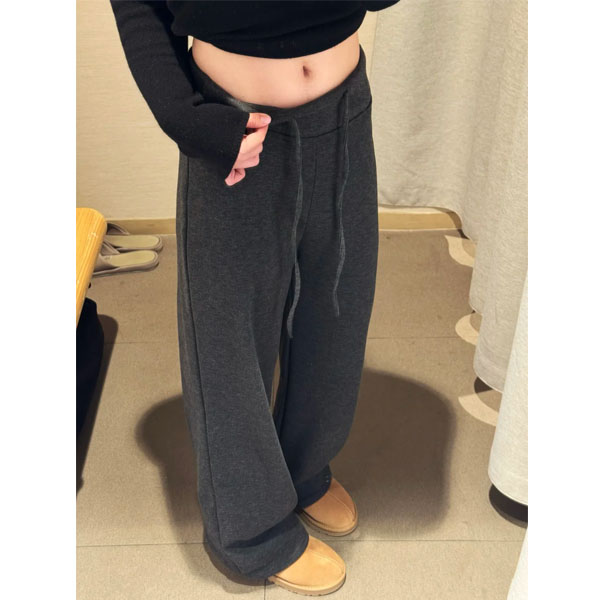 大码灰色加绒裤子女秋冬垂感直筒窄版阔腿裤胖mm显瘦瑜伽运动卫裤