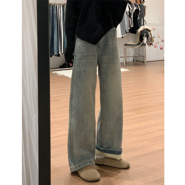梨型身材复古阔腿牛仔裤女秋冬新款大码胖mm宽松显瘦直筒加绒裤子