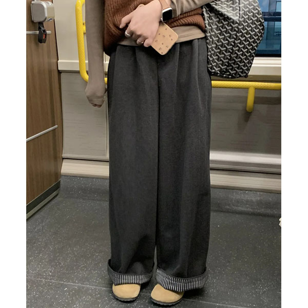 毛呢卷边休闲裤女秋冬加绒款高腰显瘦宽松直筒阔腿裤梨形身材裤子
